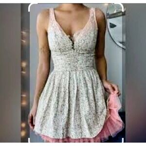 Free people Floral Lace Trim Tulle Hem Mini Dress Smocked Back Sleeveless Peach